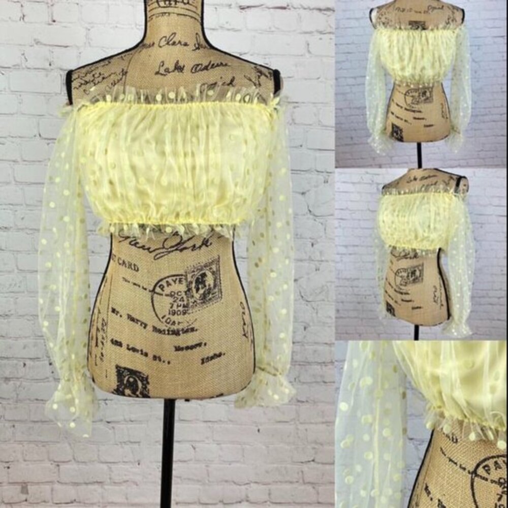 Shein Off Shoulder Sheer Yellow Swiss Dot Crop Top